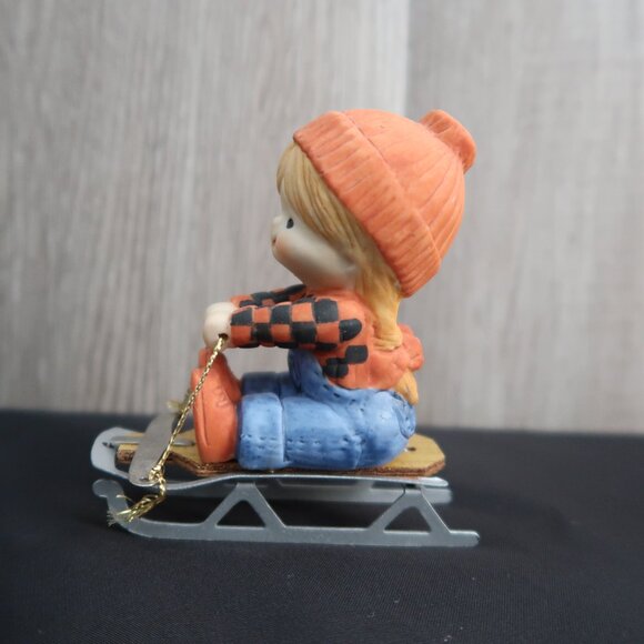 Vintage Enesco Girl on Sled Orange Hat Christmas Decor - Picture 3 of 9